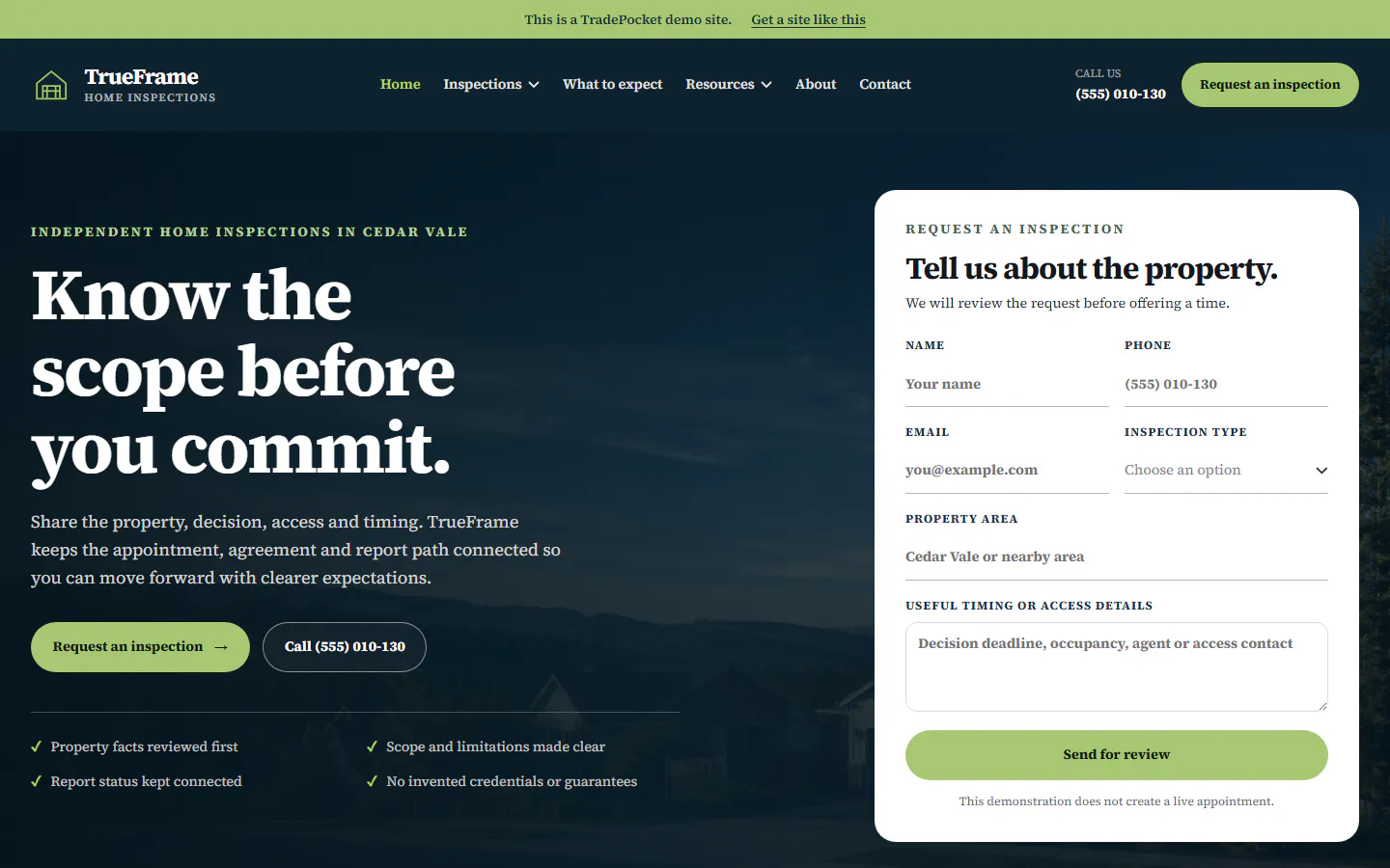 TrueFrame Home Inspections website example